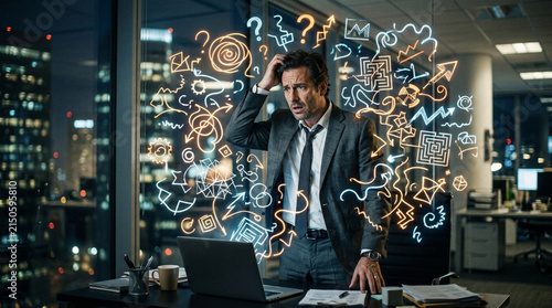 Businessman struggling with complex problems, brainstorming over laptop at night