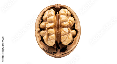 A cracked walnut shell revealing the convoluted kernel inside presented as a detailed photo on transparent background nut food