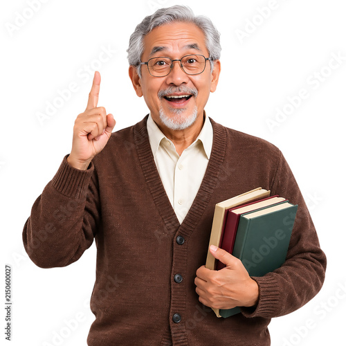 Happy Senior Professor Holding Books and Pointing Finger Up Having a Great Idea