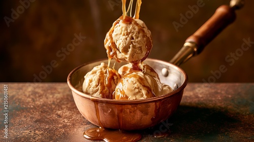 Sweet balls of ice cream in a copper pot with caramel sit on a brown surface, frozen mid-motion.