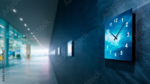 Minimalist square wall clock hanging in modern dark office hallway corridor background