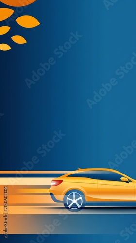 Abstract yellow car speeding forward on dark blue background with dynamic orange motion lines and stylish leaf shapes illustration