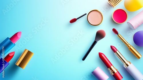 Professional makeup collection layout featuring vibrant lipsticks brushes and cosmetic compacts on bright light blue background