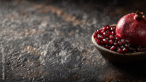 Fresh pomegranate fruit with red seeds in a bowl on a dark rustic textured stone background