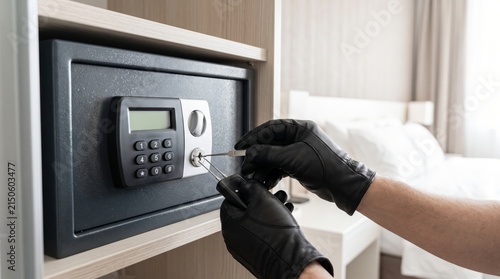 Burglar in black gloves picking safe lock in hotel
