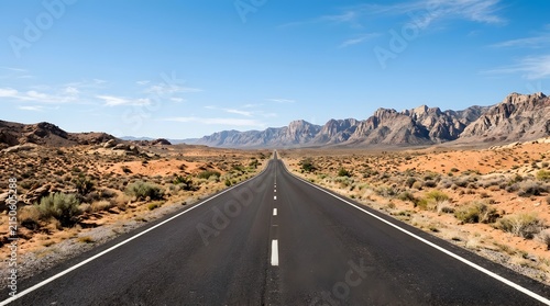 Straight asphalt highway leading toward a rugged mountain range
