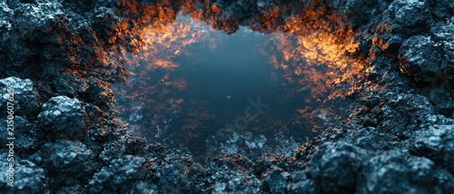 Rocky coast aerial view ocean water volcanic rock blue water orange fire smoke plume dark texture dramatic scene top view sea cliff shoreline lava glow rough stone natural landscape coastal cliff