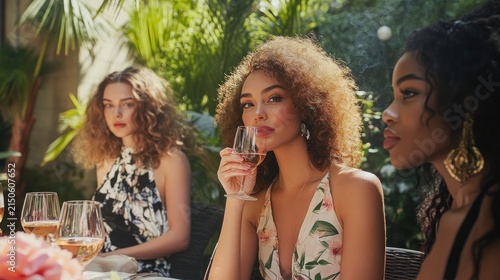 Three women enjoying a garden lunch