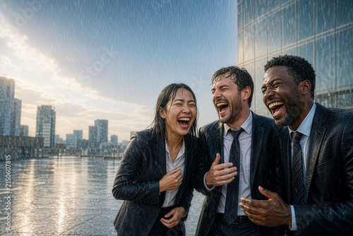 Waist-up shot of drenched business people laughing joyfully in a heavy torrential rain, copy space