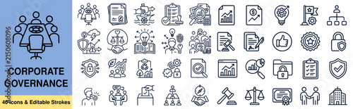 Photography Corporate Governance icons set with editable stroke, including symbols for Board of directors, compliance, ESG strategy, risk management