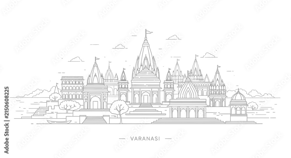 Fototapeta premium Varanasi Skyline Outline - Iconic Indian City Architecture and Ganges River