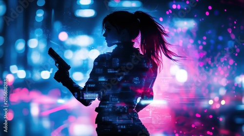 Woman with gun in futuristic city at night