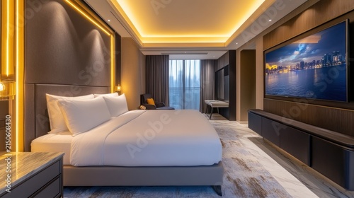Luxury hotel bedroom with city view