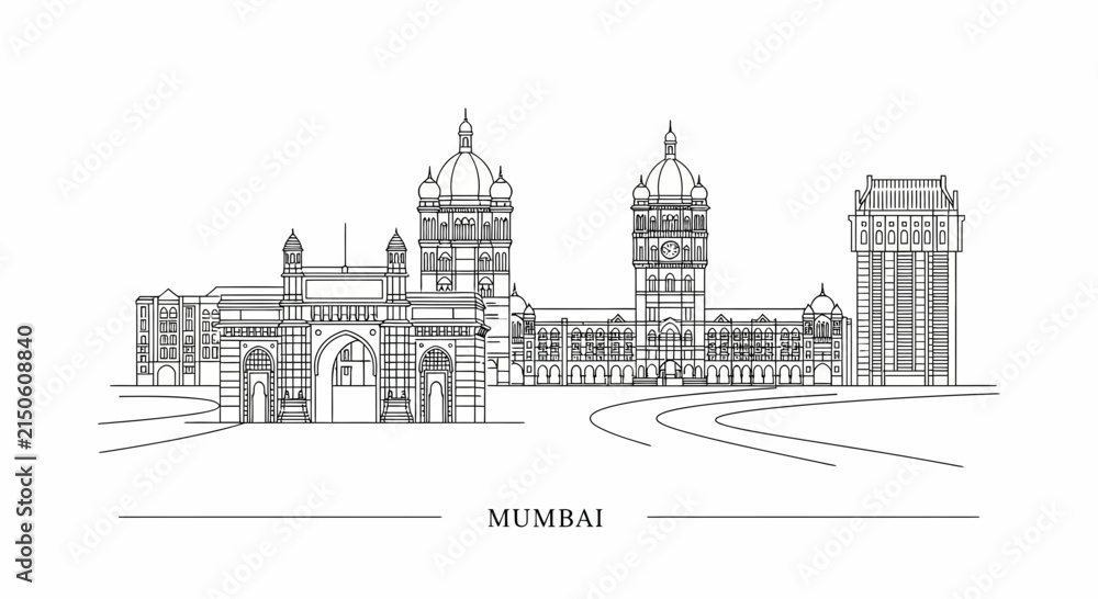 Fototapeta premium Mumbai Skyline Line Art: Historic Gateway and Grand Architecture