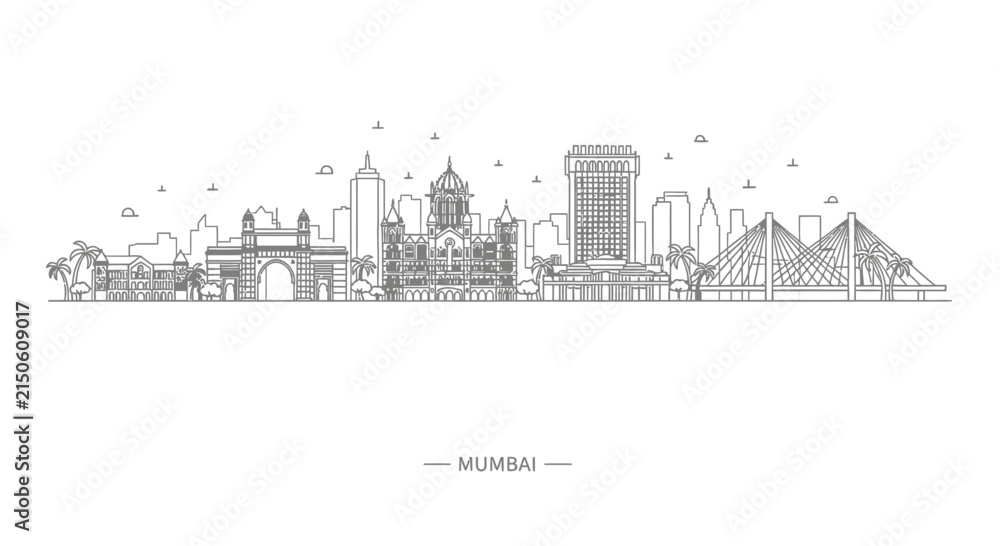 Fototapeta premium Mumbai Skyline Line Art - Gateway of India, Taj Mahal Palace, Bandra-Worli Sea Link