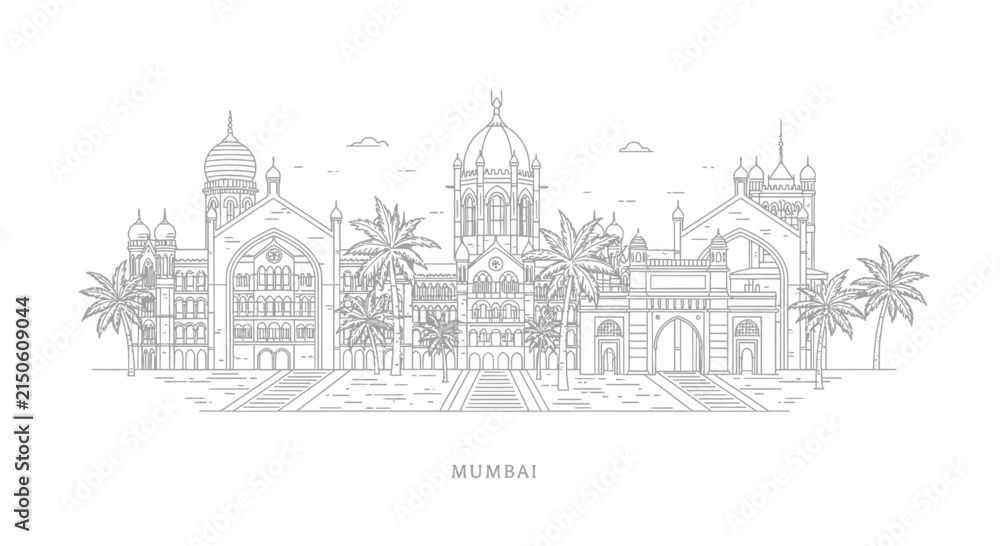 Fototapeta premium Mumbai Skyline Illustration, India Landmark Buildings, Palm Trees, Outline Art