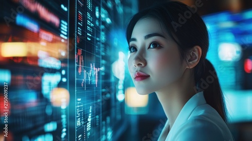 Woman focusing on interactive digital display