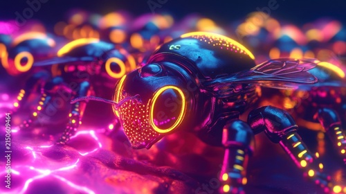 Futuristic robotic bees with neon lights