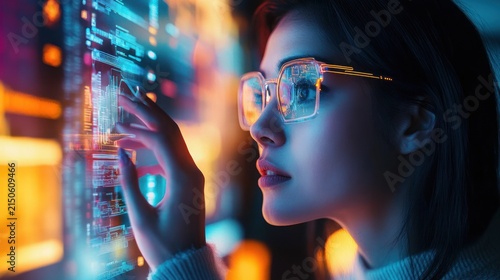 Woman interacting with a holographic display