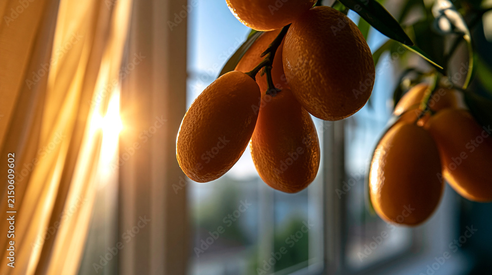 Fototapeta premium Fresh kumquat fruits hanging on tree near a sunlit window with sunlight