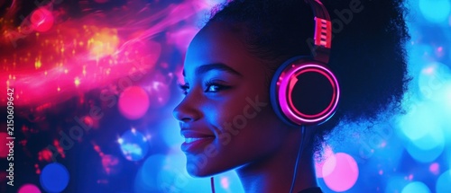 Young woman listening to music with glowing headphones