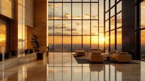 Luxury penthouse lobby panoramic city view at sunset