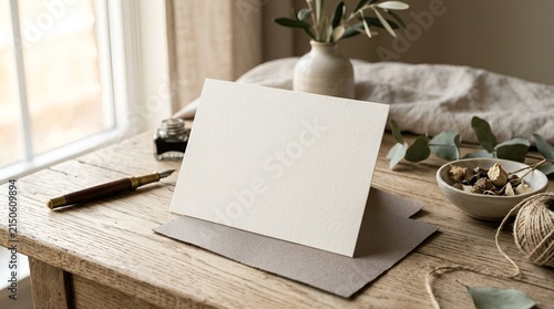 Blank Card and Envelope on Rustic Table with Quill and Dried Flowers