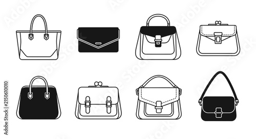 Collection of various handbag outlines a black and white vector illustration on a white background handbags purses totes