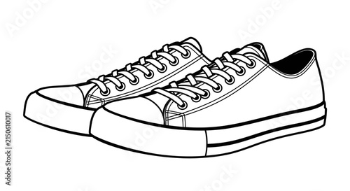 A black and white line drawing depicts a laced canvas sneaker on a white background footwear shoe laces