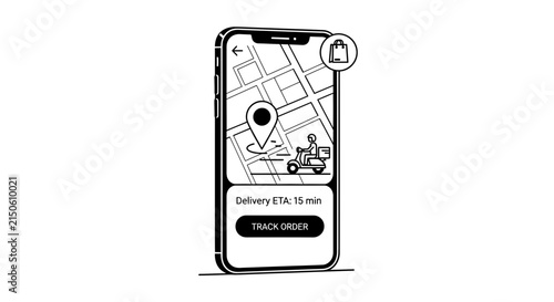 Delivery application interface with scooter and map illustration on a smartphone screen black line art motorcycle navigation tracking
