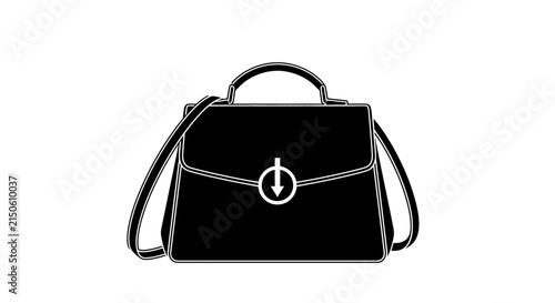 A black and white silhouette depicts a classic handbag with a top handle and adjustable shoulder strap purse