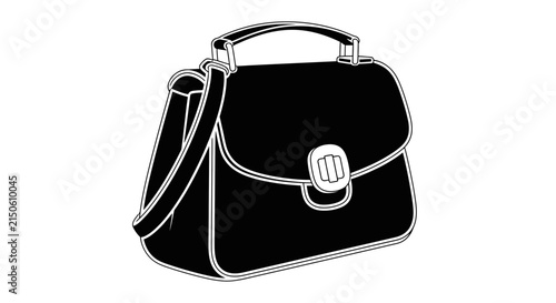 A black and white silhouette of a handbag with a clasp and shoulder strap is displayed on a white background