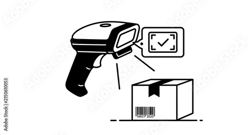 Barcode scanner aiming at a cardboard box with a checkmark confirmation on a white background package shipping logistics