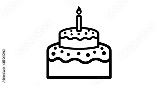 A two tiered birthday cake with a lit candle is depicted as a black and white vector illustration