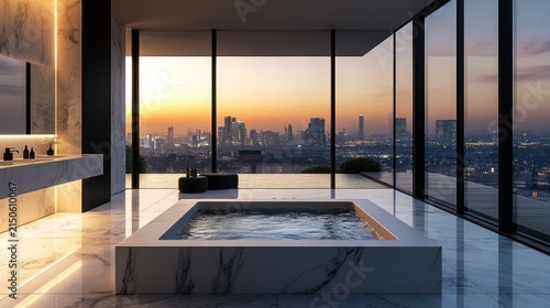 Luxury bathroom with city view jacuzzi at sunset