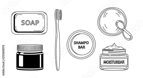 Line art illustration depicts soap shampoo bar toothbrush hand mirror and moisturizer in black and white handmirror cosmetic