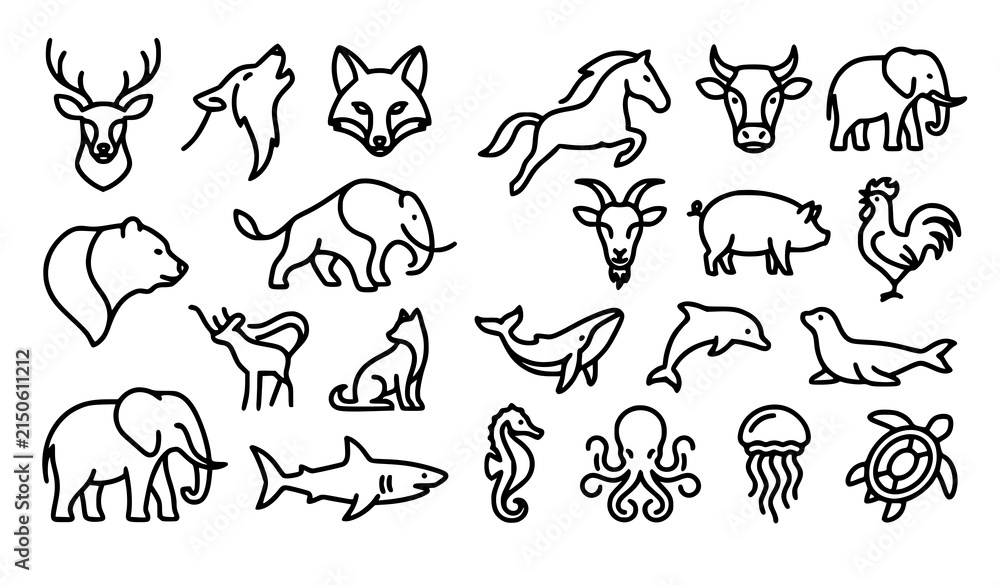 Obraz premium Minimalist Wildlife Farm and Marine Animal Outline Icons for Modern Branding