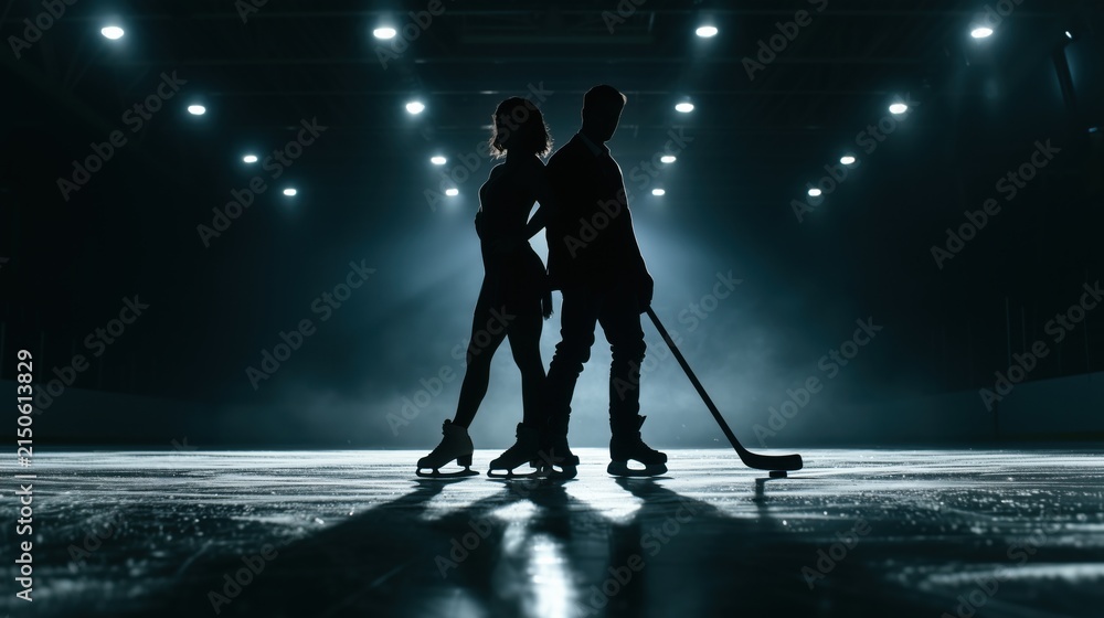 Obraz premium Silhouette of a figure skater and a hockey player standing back to back.