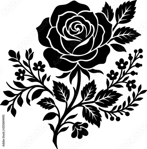 Black and white rose with leaves vector illustration