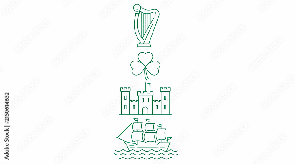 Fototapeta premium Ireland cultural symbols vertical stack harp shamrock castle ship line art