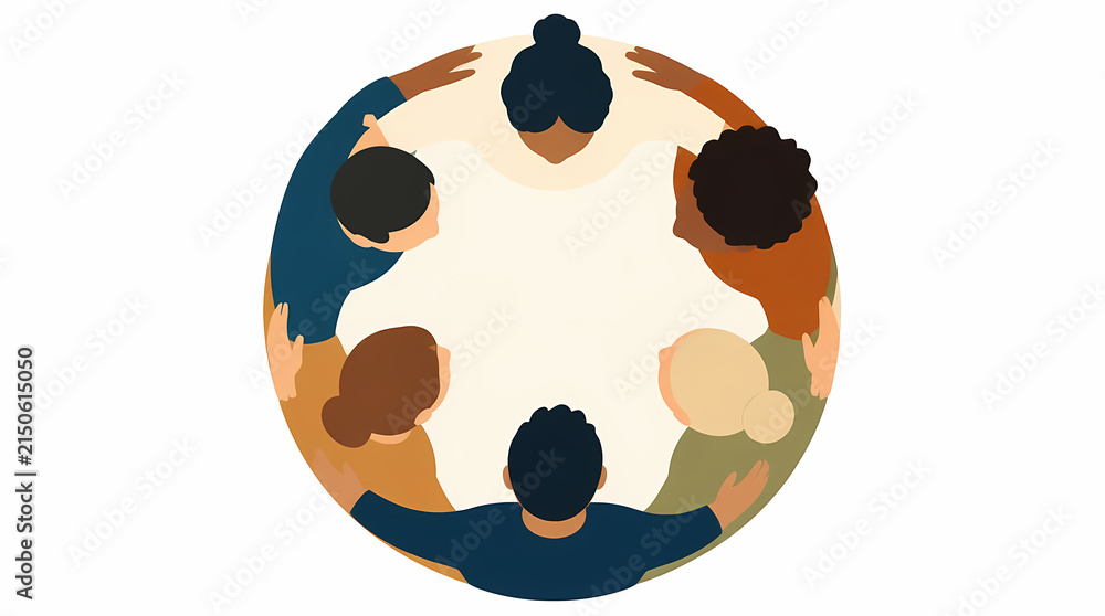 Fototapeta premium Diverse group of people standing in circle with arms around each other forming unity symbol from overhead view