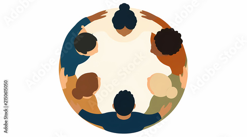 Diverse group of people standing in circle with arms around each other forming unity symbol from overhead view
