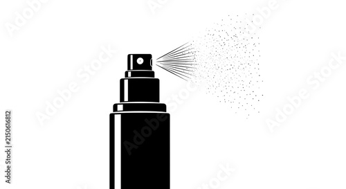 Spray bottle silhouette depicts a dark aerosol canister discharging a fine mist against a white background atomizer black and white cleaner cosmetic discharge dispenser droplet emulsion fine mist