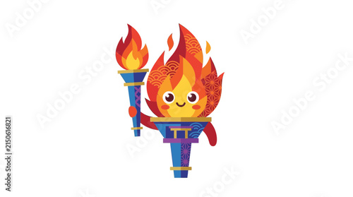 Happy Cartoon Torch Character with Flames