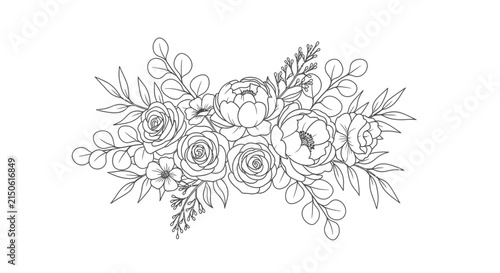 Floral arrangement featuring roses and peonies is a delicate black and white vector illustration botanical blossom bouquet branch bud curvilinear decorative design drawing flora foliage