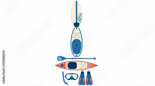 Water sports equipment set including paddleboard, kayak, snorkel gear and fins for aquatic recreation in coastal or ocean environments