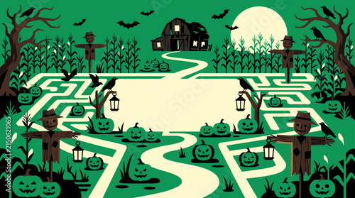 Spooky halloween corn maze illustration featuring scarecrows jack o lanterns and a haunted barn under full moon