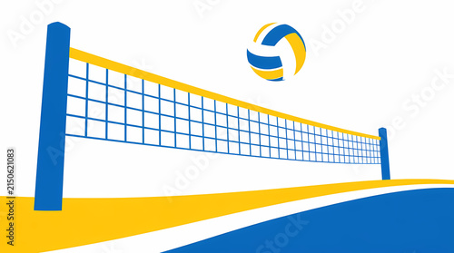 Volleyball net with ball in mid-air on colorful court background for sports activity illustration