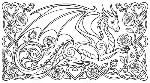 Art Nouveau dragon with roses and ornate swirling vines, black outline on white background, elegant decorative illustration