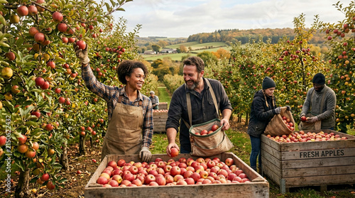 Diverse farmers harvesting ripe apples in an orchard during autumn harvest season.